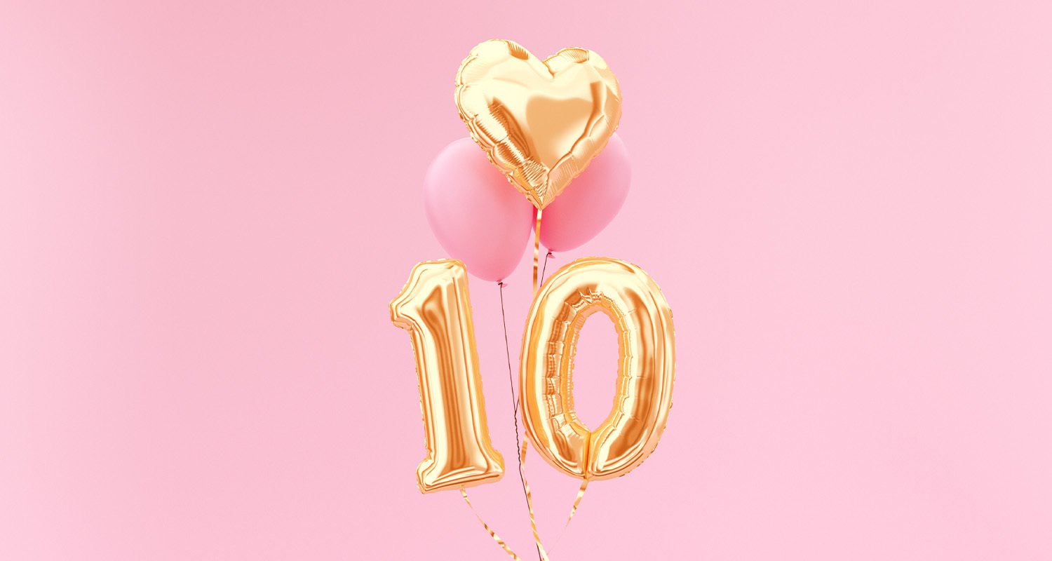 balloons of heart, 1, and 0 to celebrate 10 years of care
