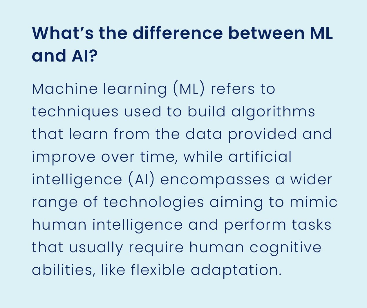 WHAT’S THE DIFFERENCE BETWEEN ML AND AI? Machine learning (ML) refers to techniques used to build algorithms that learn from the data provided and improve over time, while artificial intelligence (AI) encompasses a wider range of technologies aiming to mimic human intelligence and perform tasks that usually require human cognitive abilities, like flexible adaptation.